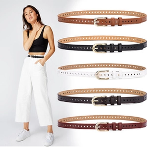 Detail of hollow-out woven belts in five colors with vintage round metal buckles