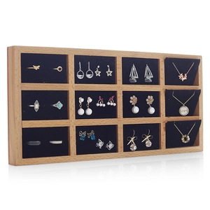Wooden 12-grid jewelry tray with black velvet lining for rings and necklaces