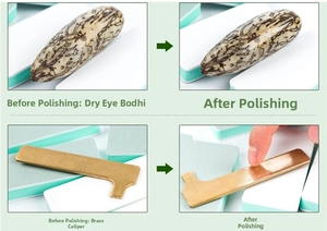 Detailed polishing effect comparison on wood and brass using dual-sided buffer tool