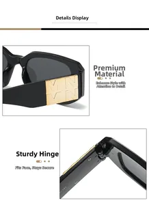 Détails de lunettes de soleil carrées avec plaque en métal doré et charnière solide