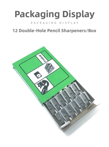 Green box containing 12 dual-hole metal pencil sharpeners made of aluminum alloy