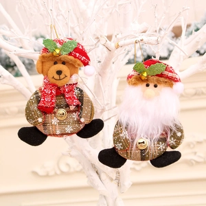 Christmas plush bells with red plaid bear and Santa hanging ornaments for holiday decor