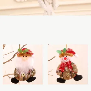 Detail view of Santa and Snowman Christmas bell ornaments with red plaid fabric and bells