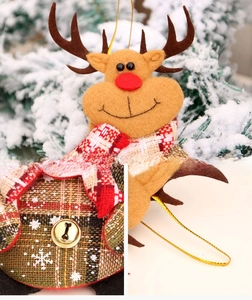 Detail of Christmas reindeer ornament showing plaid fabric and golden metal bell