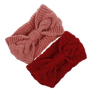 Winter chunky cable knit bow headbands in pink purple and deep red wool yarn