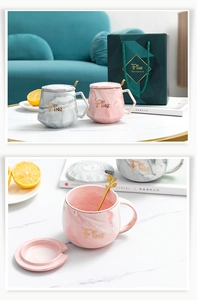 Nordic marble ceramic mug set in grey and pink with gold spoons and matching gift bag