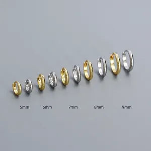 Size chart showing 5mm to 9mm gold and silver S925 sterling silver hoop earrings