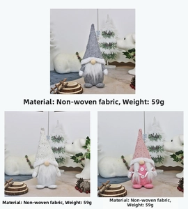 Detailed view of handmade Christmas gnomes in grey, pink and white plush fabric