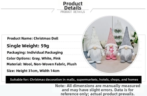 Detailed dimensions of 31x14cm plush Christmas gnomes in grey, white, and pink styles
