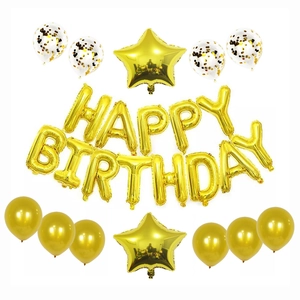 Golden Happy Birthday balloon set with star foil balloons and sequin latex decorations