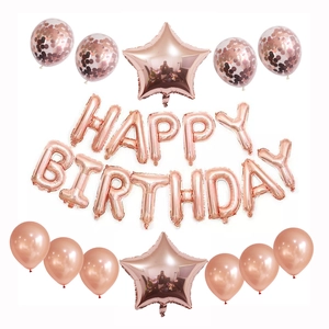 Rose gold Happy Birthday balloon set with star foil and sequin latex decorations