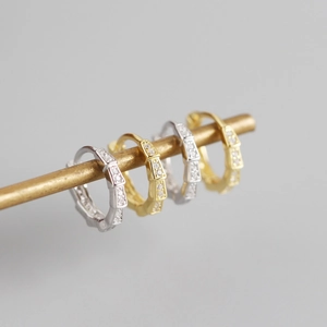 S925 sterling silver geometric huggie earrings with sparkling pavé cubic zirconia