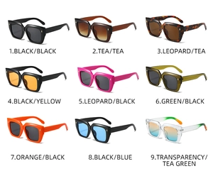Detailed grid of oversized square sunglasses in nine diverse frame and lens colors