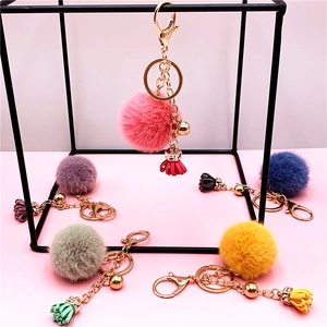 Cute Fluffy Pom Pom Keychain Faux Mink Fur Ball With Tassel And Bell Bag Charm Car Key Ring Soft Plush Accessory Women
