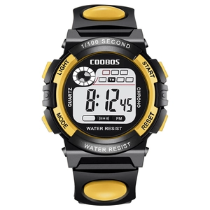 COOBOS waterproof sports digital watch for kids with black and yellow shockproof PU strap