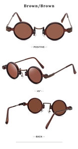 Three-way view of steampunk round sunglasses showing front, 45-degree angle, and back