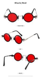 Steampunk round sunglasses with black frames and red lenses shown in multiple angles