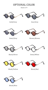 Matrix display of nine vintage steampunk round sunglasses in various frame and lens colors