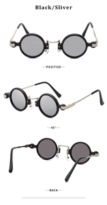 Steampunk round sunglasses shown from front, 45-degree angle, and back views