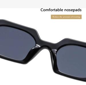 Close-up of geometric black sunglasses featuring integrated comfortable nose pads design