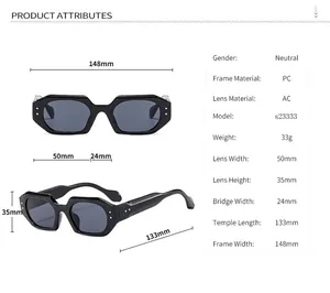 Detailed size chart for unisex geometric sunglasses with frame and lens measurements