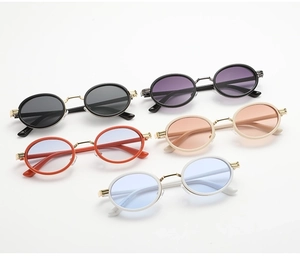 Detailed set of retro oval sunglasses in five vibrant colors with a Y2K aesthetic style