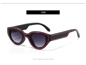 Detail view of oval cat-eye sunglasses featuring black frames with purple accent lines