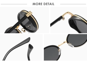 Detail view of gold metal hinges, frame lines and clear nose pads of oval sunglasses