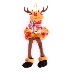 Hanging reindeer plush ornament with red plaid shirt and golden bell for Christmas tree