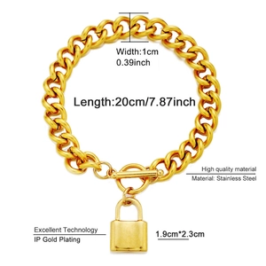 Gold chunky stainless steel chain bracelet with OT toggle clasp and lock charm