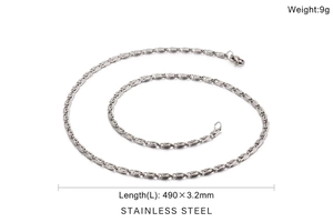 Detail view of 3.2mm wide stainless steel chain necklace with exact dimensions shown