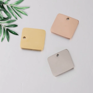 Polished square stainless steel pendants in gold, rose gold, and silver for engraving