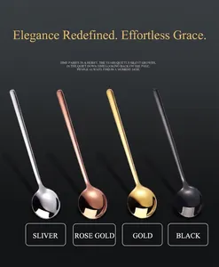 Vertical row of stainless steel coffee spoons in silver, rose gold, gold and black colors