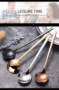 Polished stainless steel long handle spoons in gold silver rose gold and black colors
