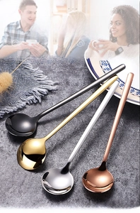 Polished stainless steel long handle spoons in gold silver rose gold and black colors