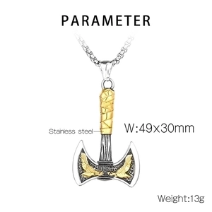 Detailed parameter view of stainless steel Viking axe pendant with dimensions and weight