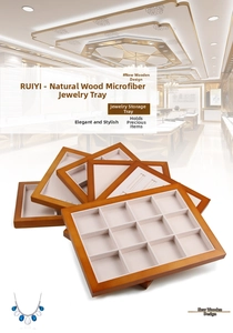 Detail of wooden jewelry tray with cream microfiber slots for rings and necklaces