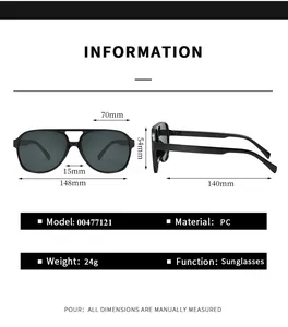 Detailed size chart for retro double-bridge pilot sunglasses showing precise dimensions