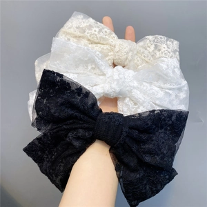 Three-piece double layer lace bow hair clips with floral embroidery in black and white