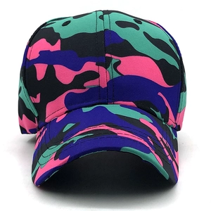 Front view of vibrant colorful camouflage baseball cap with curved brim and 6-panel design