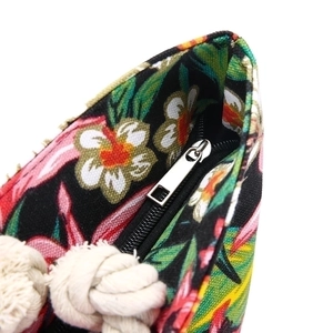 Floral print canvas tote bag featuring premium silver metal zipper and white cotton rope