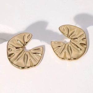 Minimalist 18k gold plated titanium steel earrings with irregular folded leaf texture