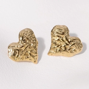 Heart Stud Earrings Stainless Steel Wrinkled Texture Lava Style French Minimalist Metallic Fashion Jewelry For Women