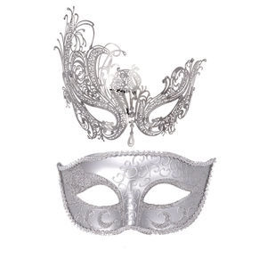 Silver laser-cut metal filigree mask and glitter eye mask set for masquerade parties
