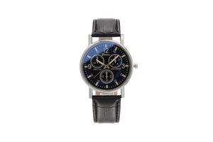Macro detail of Geneva PRC 200 quartz watch dial with three blue subdials and leather strap
