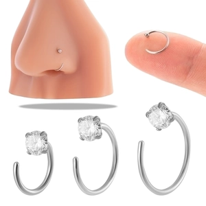 Stainless steel C-shaped nose hoop ring with round clear zircon gemstone jewelry set