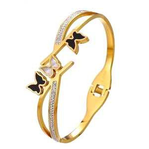 Polished gold stainless steel double-layer butterfly bangle with sparkling zircon stones