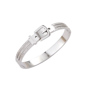 Detail of silver belt buckle bangle with three rows of sparkling zircon stones
