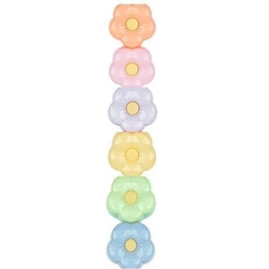 Vertical stack of six colorful flower-shaped plastic highlighters in pastel tones