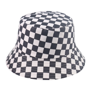 Classic black and white checkerboard bucket hat with a retro street fashion style